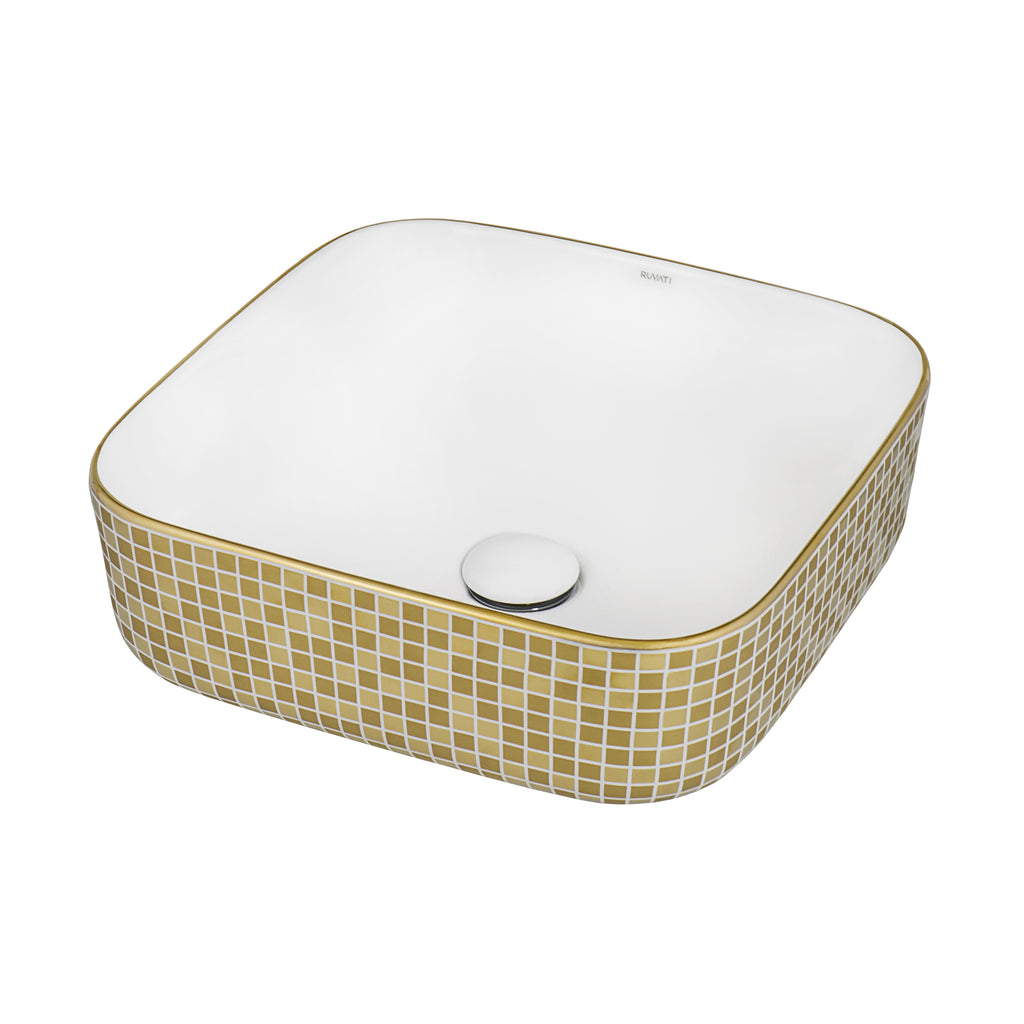 15 x 15" Bathroom Vessel Sink Gold Decorative Pattern Above Vanity Counter White Porcelain Ceramic