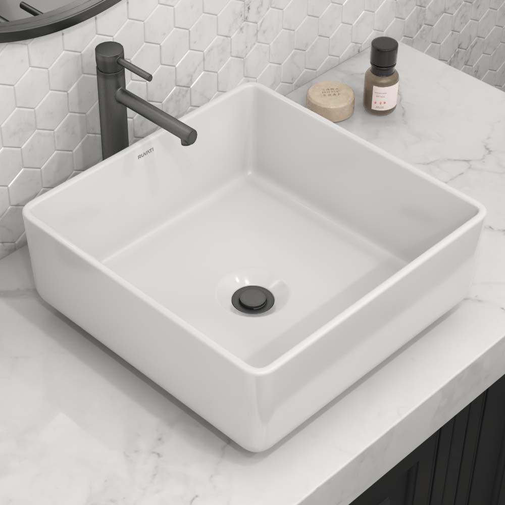 15 x 15" Bathroom Vessel Sink White Square Above Counter Porcelain Ceramic