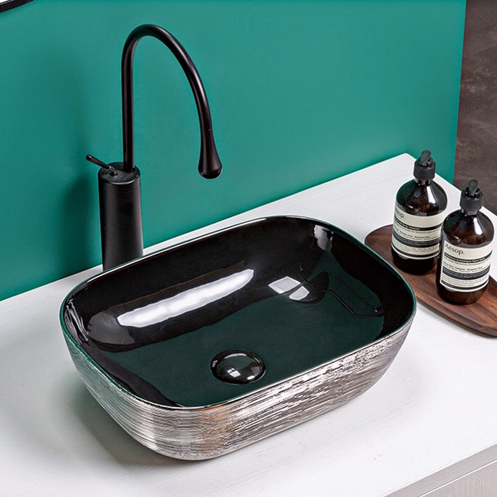 20 x 16" Bathroom Vessel Sink Silver Decorative Art Above Vanity Counter Black Ceramic
