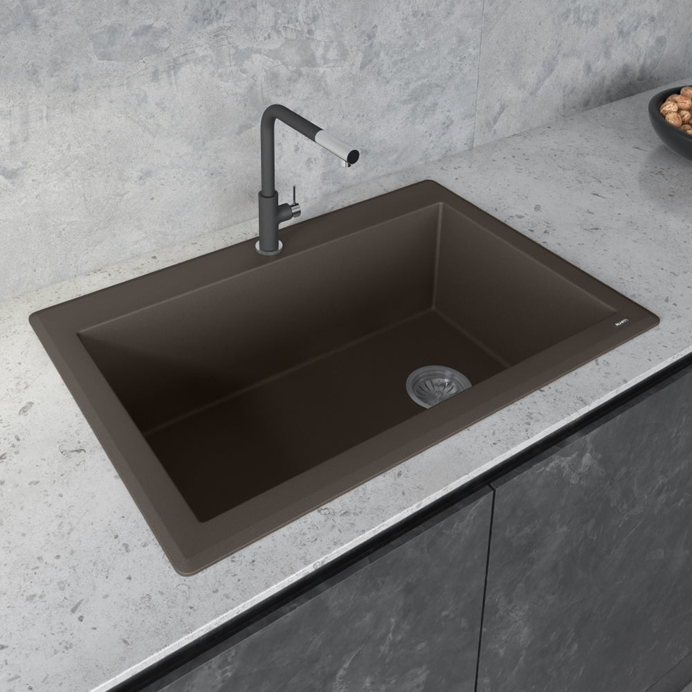 Granite Topmount 33x22 Offset Drain Single Basin Sink Espresso Brown