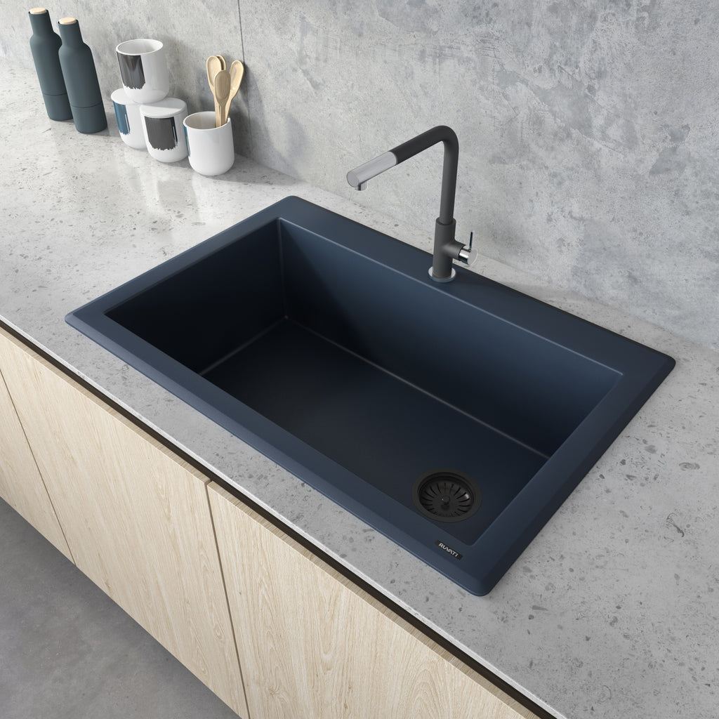 Granite Topmount 33x22 Offset Drain Single Basin Sink Catalina Blue