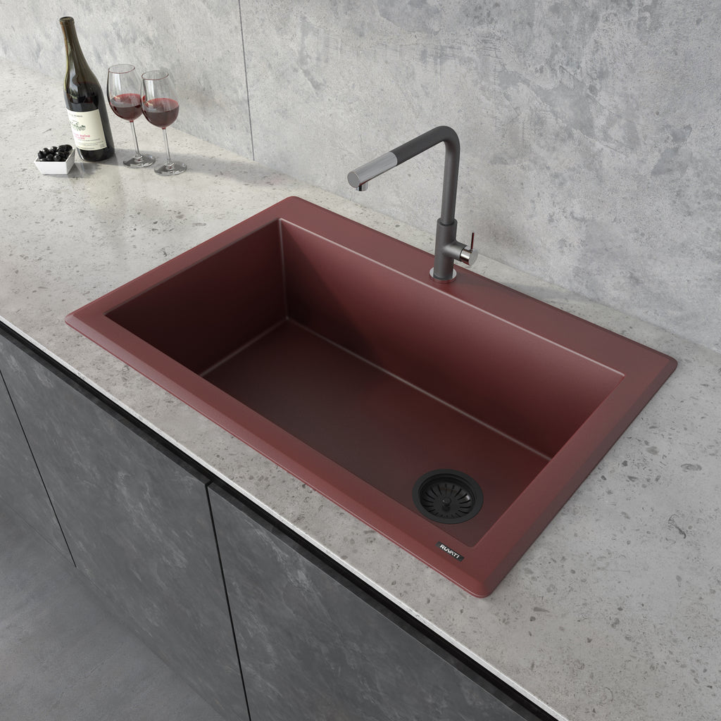 Granite Topmount 33x22 Offset Drain Single Basin Sink Carnelian Red