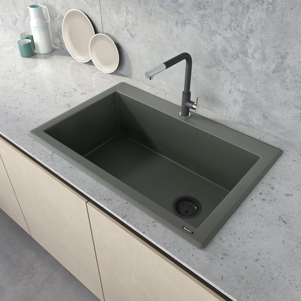 Granite Topmount 33x22 Offset Drain Single Basin Sink Juniper Green