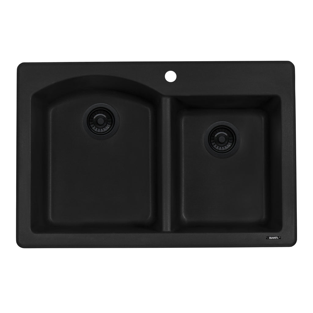 Granite Dual Mount Sink 33x22 60/40 L Double Basin Sink Midnight Black