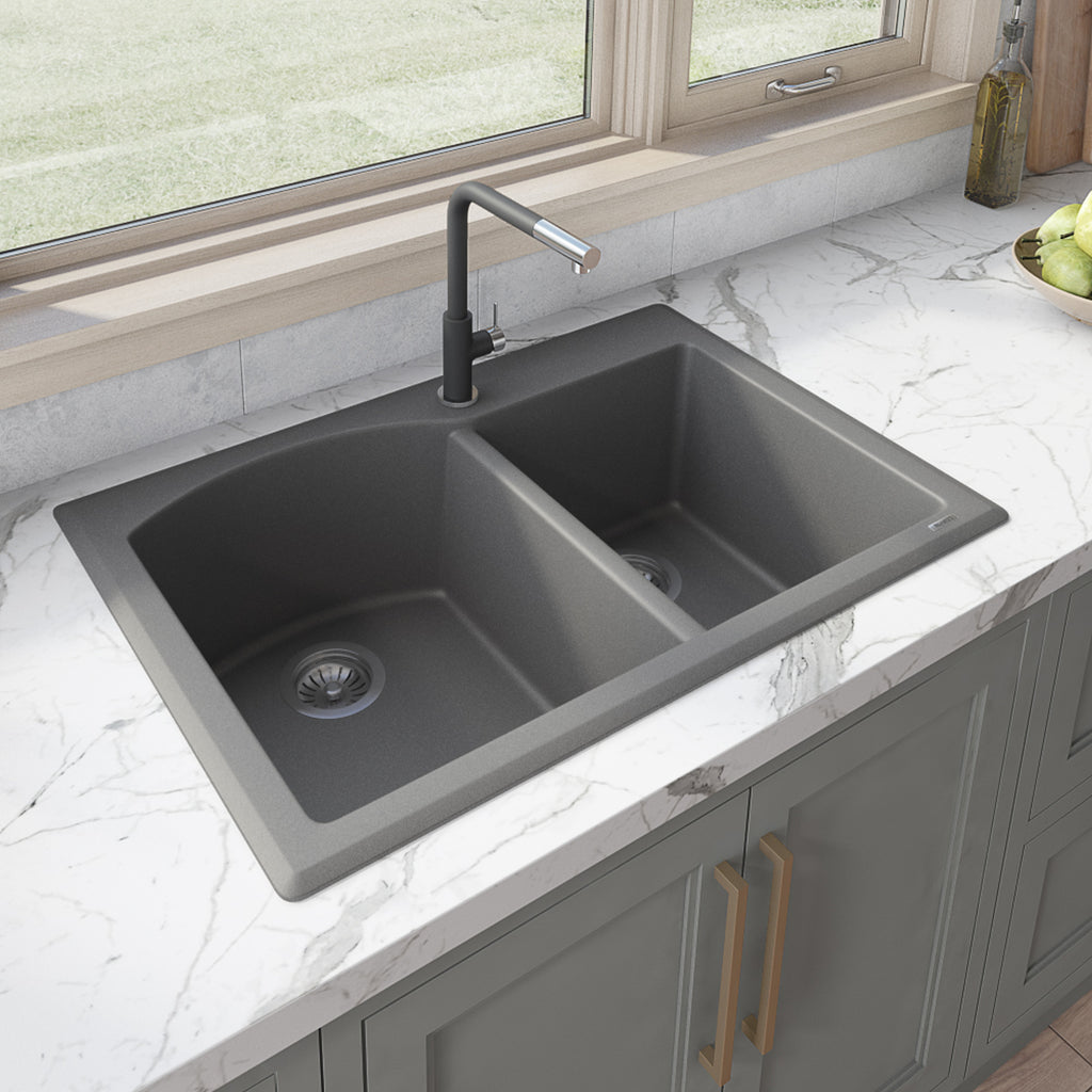 Granite Dual Mount Sink 33x22 60/40 L Double Basin Sink Urban Gray