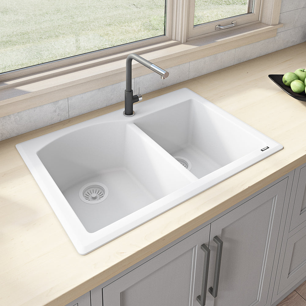 Granite Dual Mount Sink 33x22 60/40 L Double Basin Sink Artic White