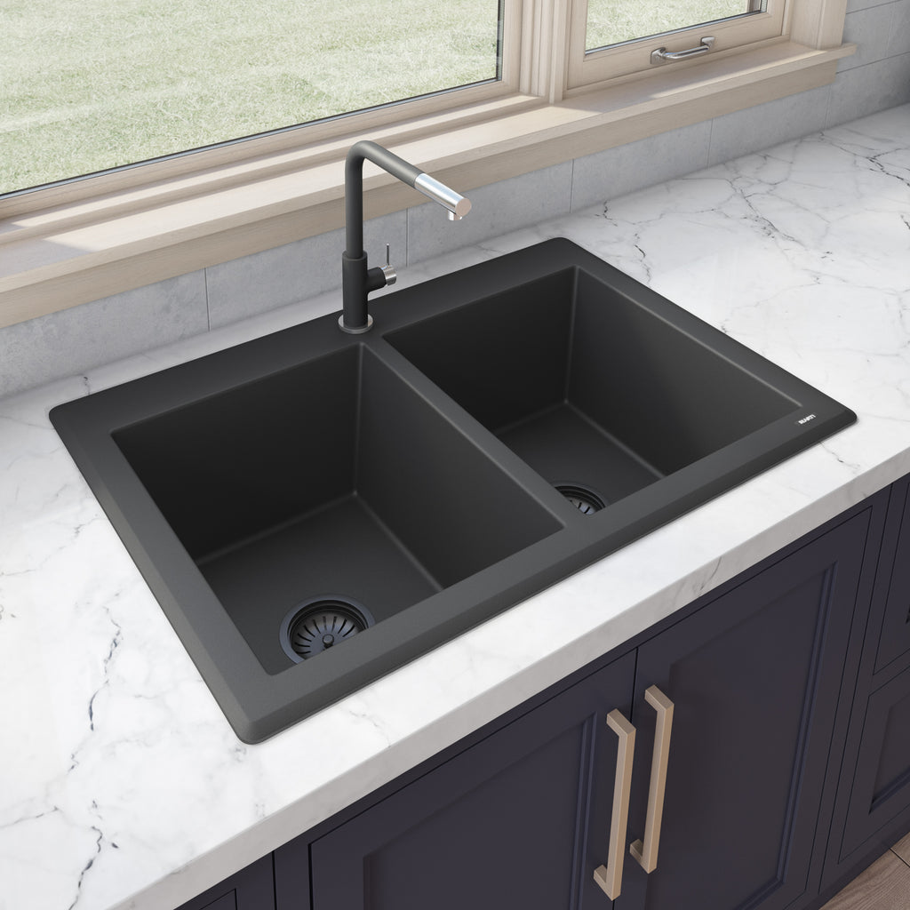 Granite Dual Mount Sink 33x22 50/50 Double Basin Sink Midnight Black