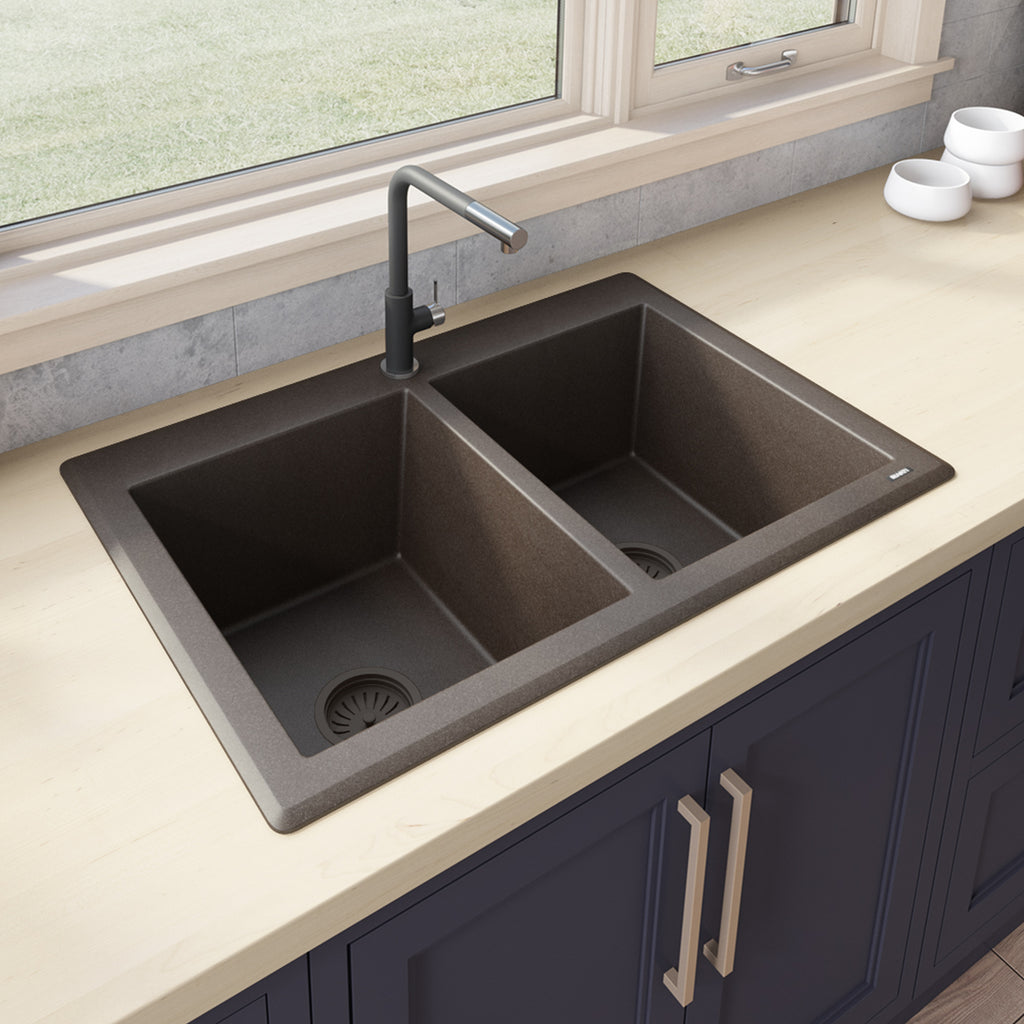 Granite Dual Mount Sink 33x22 50/50 Double Basin Sink Espresso Brown