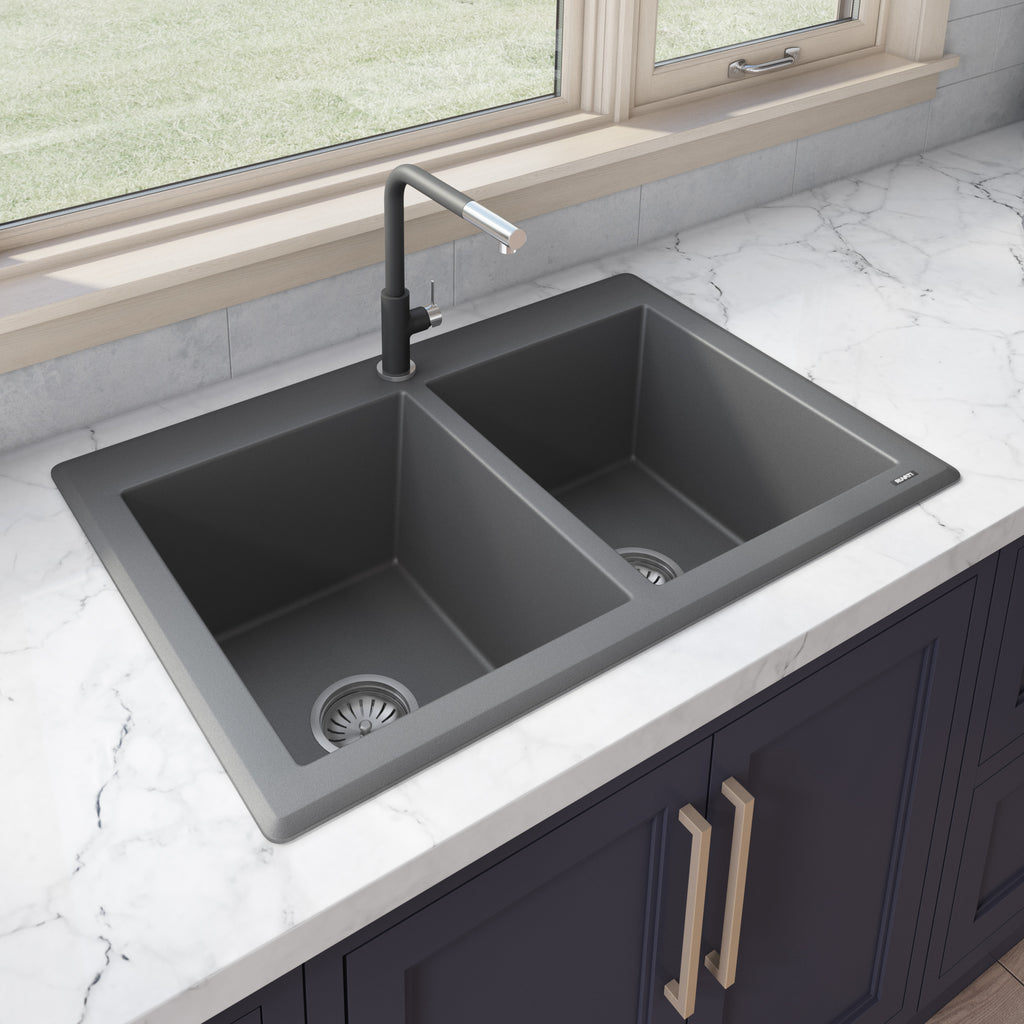 Granite Dual Mount Sink 33x22 50/50 Double Basin Sink Urban Gray