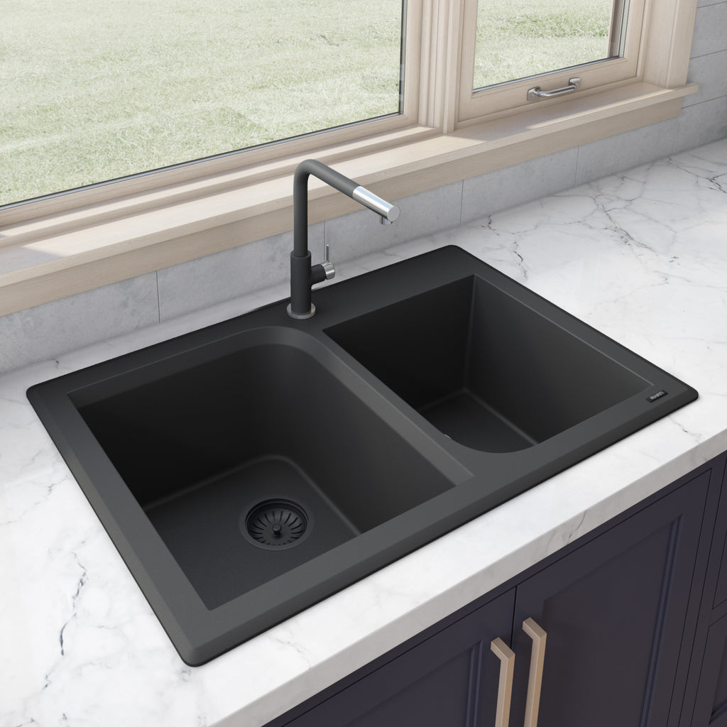 Granite Dual Mount Sink 33x22 60/40 Double Basin Sink Midnight Black