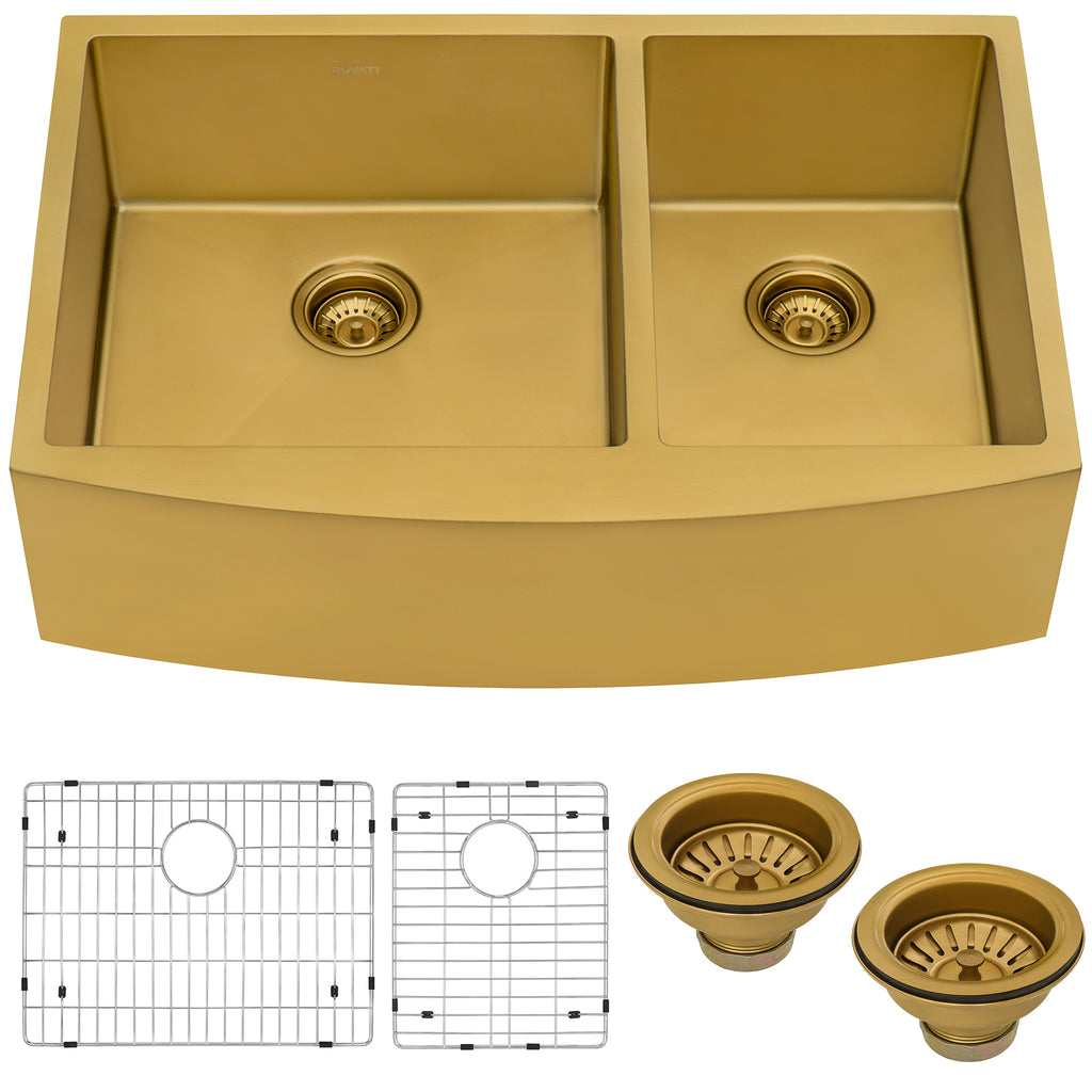Apron Front 33x22 60/40 Double Basin Sink Gold